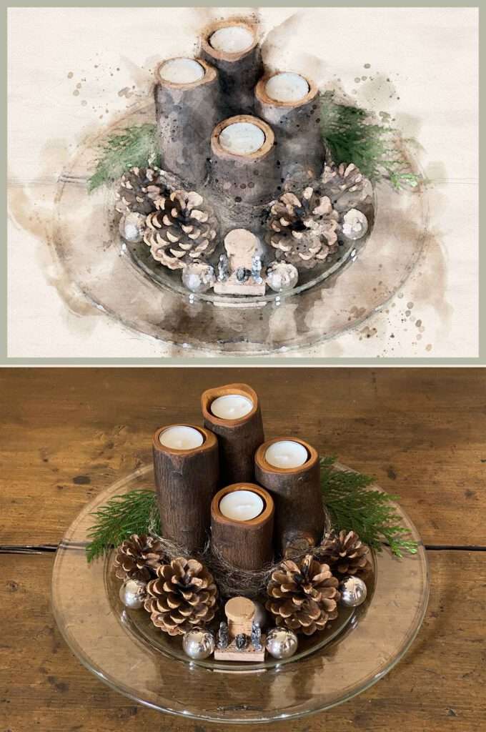 Nacher/Vorher Digitale Aquarellbild von Weihnachtsmotiv