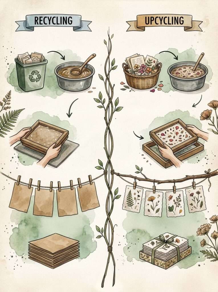 Infografik: Recycling vs. Upcycling bei Papierschöpfen